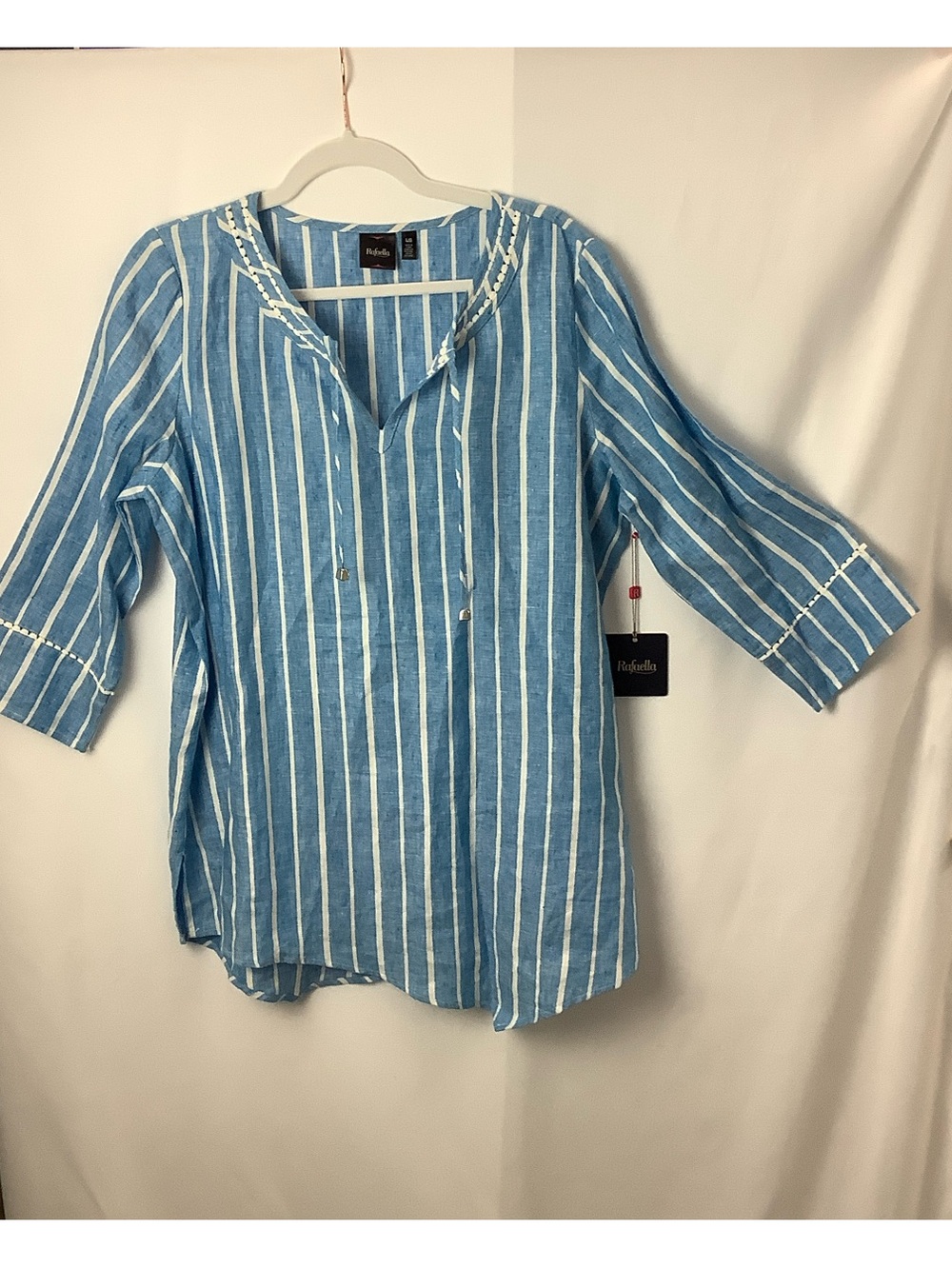 NWT sz Large Rafaella Blue and White Striped 100% Linen Tunic